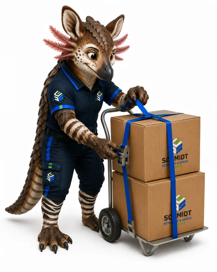 Schmidt Maskottchen transportiert Kartons auf einer Sackkarre