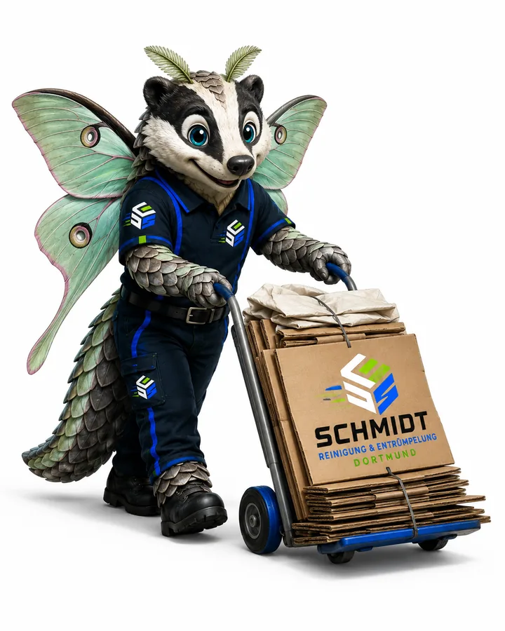 Schmidt Maskottchen bewegt einen großen Karton mit einer Sackkarre