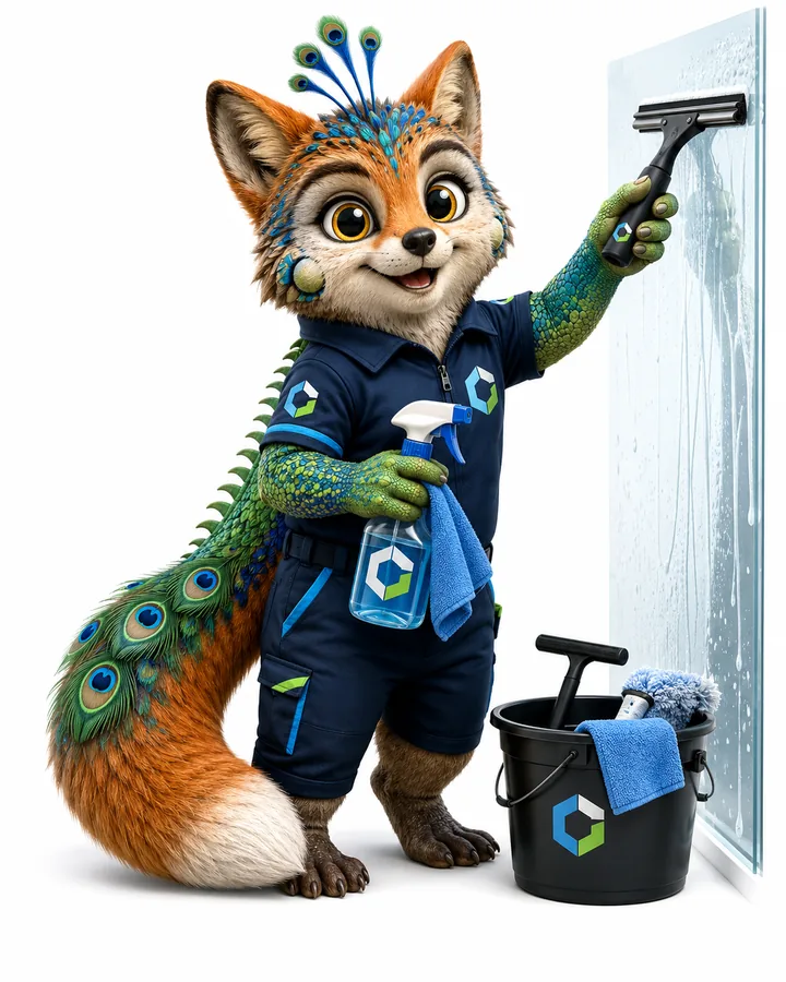 Schmidt Maskottchen wischt eine Fensterscheibe mit Reinigungsgerät
